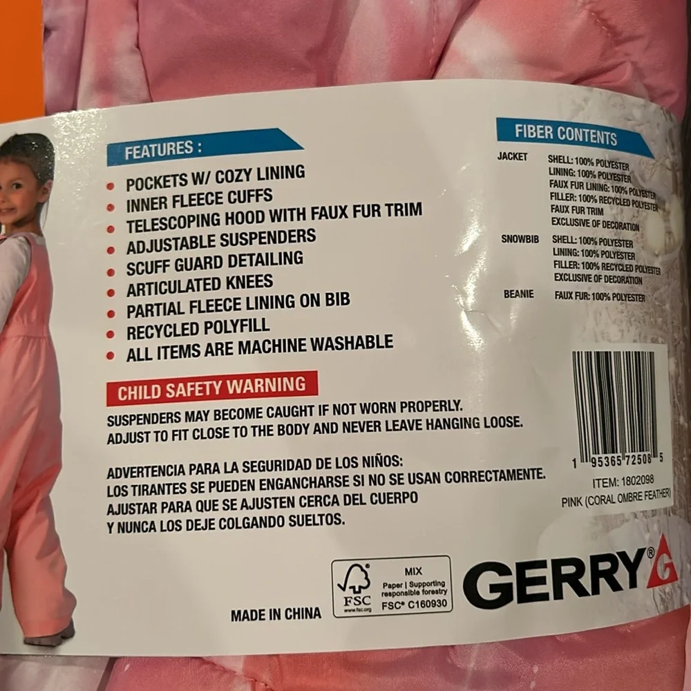 GERRY Pink Kids 3pc Snowsuit Jacket, Snowbib and Hat 2T